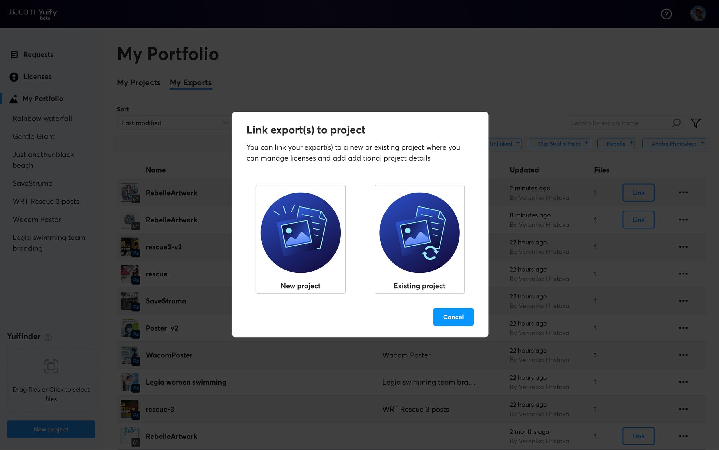 Yuify dashboard showing linked exported digital artworks