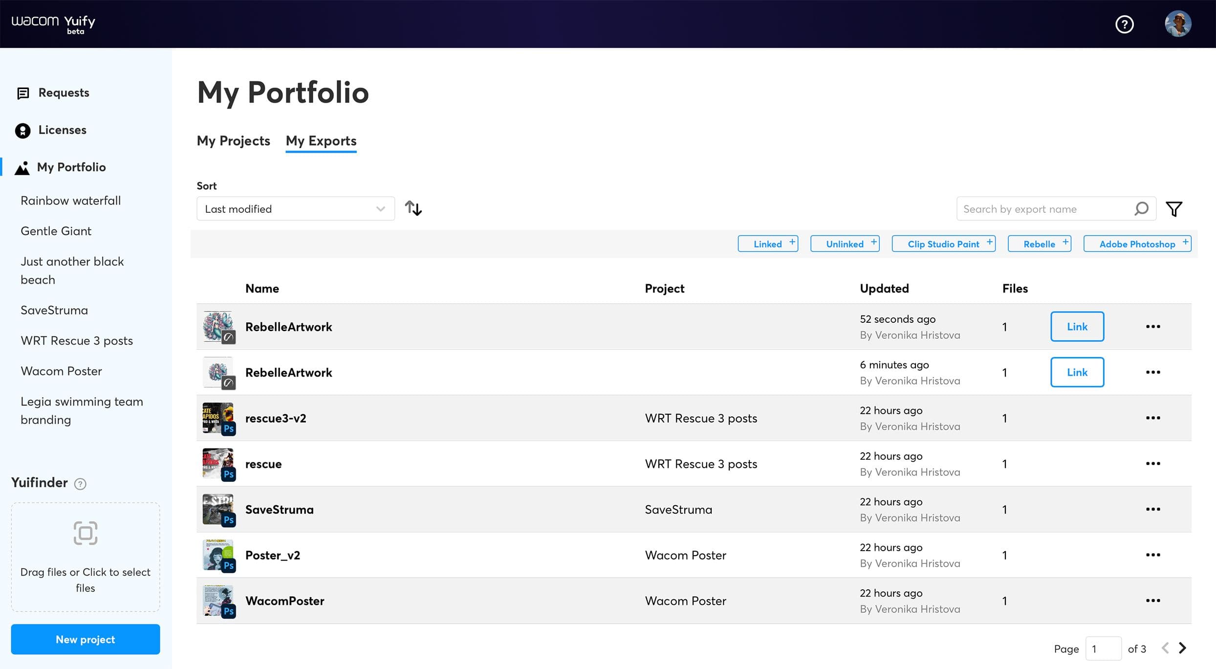 Yuify platform dashboard showing 'My Exports' section with exported digital artworks
