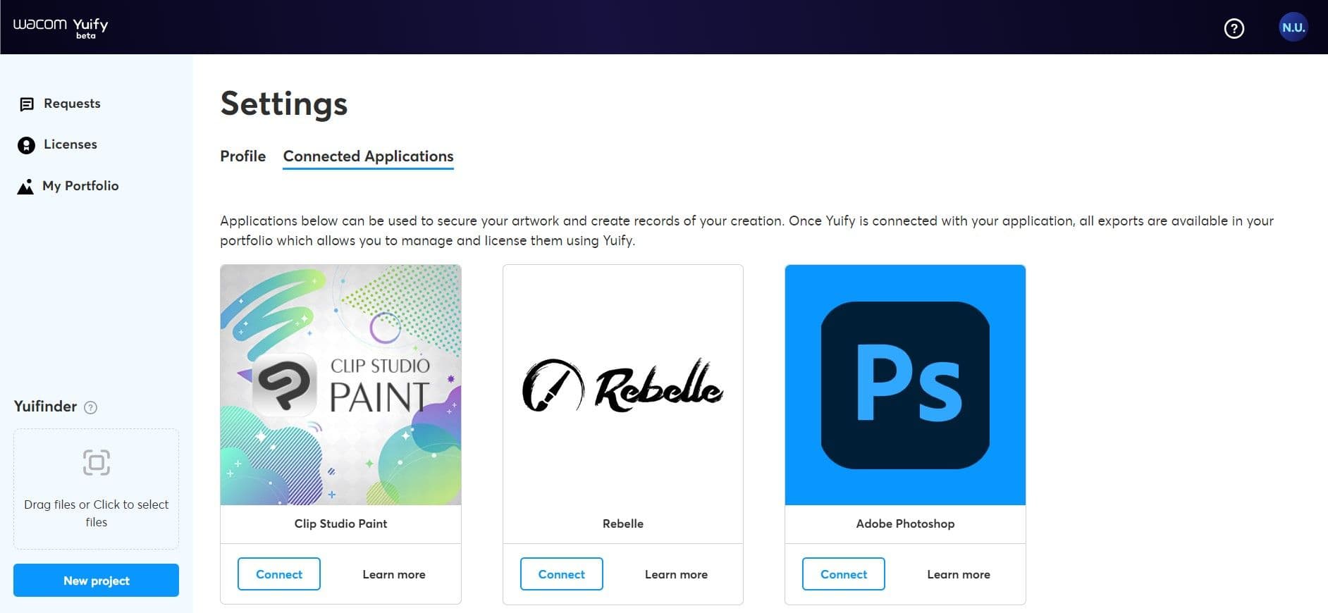 Connected applications page in the Yuify web application
